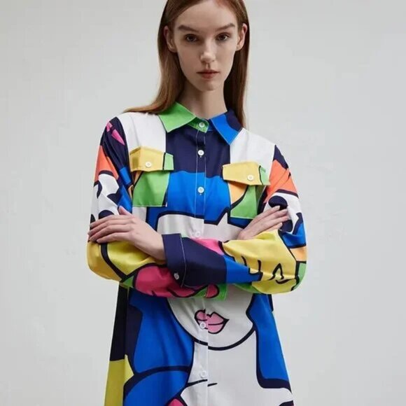 Art Decor Geometric Button Down Straight Fit Long Dress - Picture 6 of 10